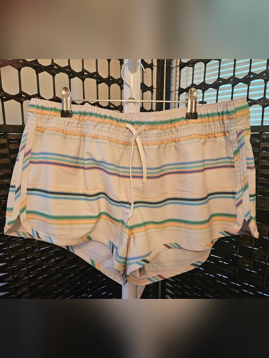 O'Neill Pants - O'Neill Women's Cream Athletic Shorts with Blue, Green & Yellow Stripes